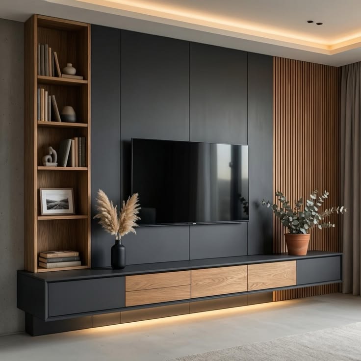 BLACK AND  WOOD LOUVERS TV UNIT