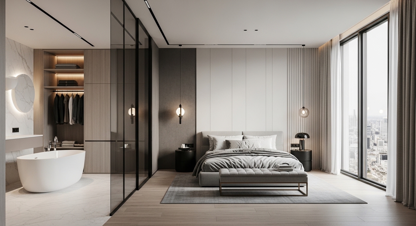 modern living room with attached tub